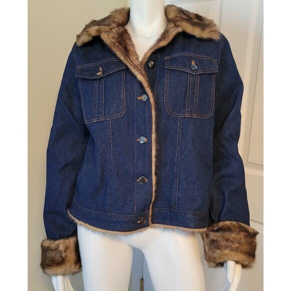 Fabulous Furs Denim Jeans Faux Fur Lined Jacket Button Women's Size L USA - Picture 1 of 8